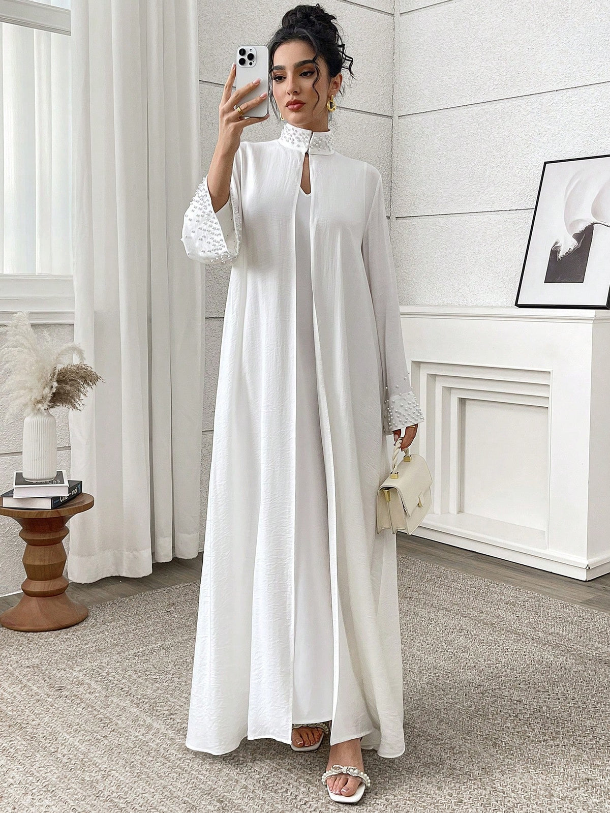 Yasmyna Women'S Elegant Solid Color Beaded Decorated Abaya Robe, Abayas,Modest