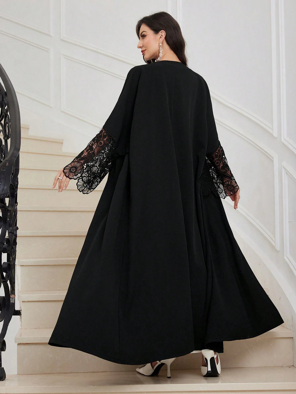 Al Najma Women Loose Fit Arabic Style Abaya Robe with Lace Cuff Patchwork & Embroidery Decor