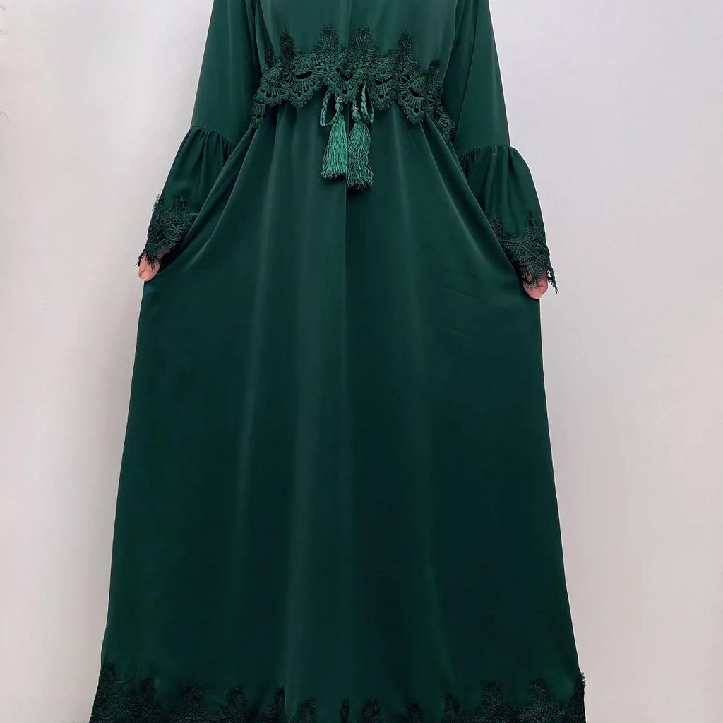 Arabic Clothing-Contrast Lace Long Sleeve Drawstring Dress, Dubai Flounce Sleeve Long Dresses, Summer Outfits 2025, Muslim Islamic Kaftan, Muslim Evening Dress, Modest Style Dress, Islamic Modesty Clothes