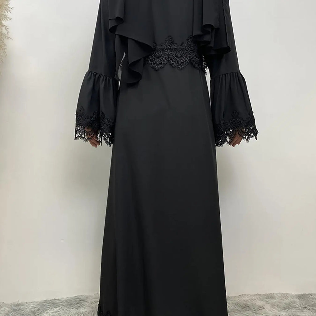 Arabic Clothing-Contrast Lace Long Sleeve Drawstring Dress, Dubai Flounce Sleeve Long Dresses, Summer Outfits 2025, Muslim Islamic Kaftan, Muslim Evening Dress, Modest Style Dress, Islamic Modesty Clothes