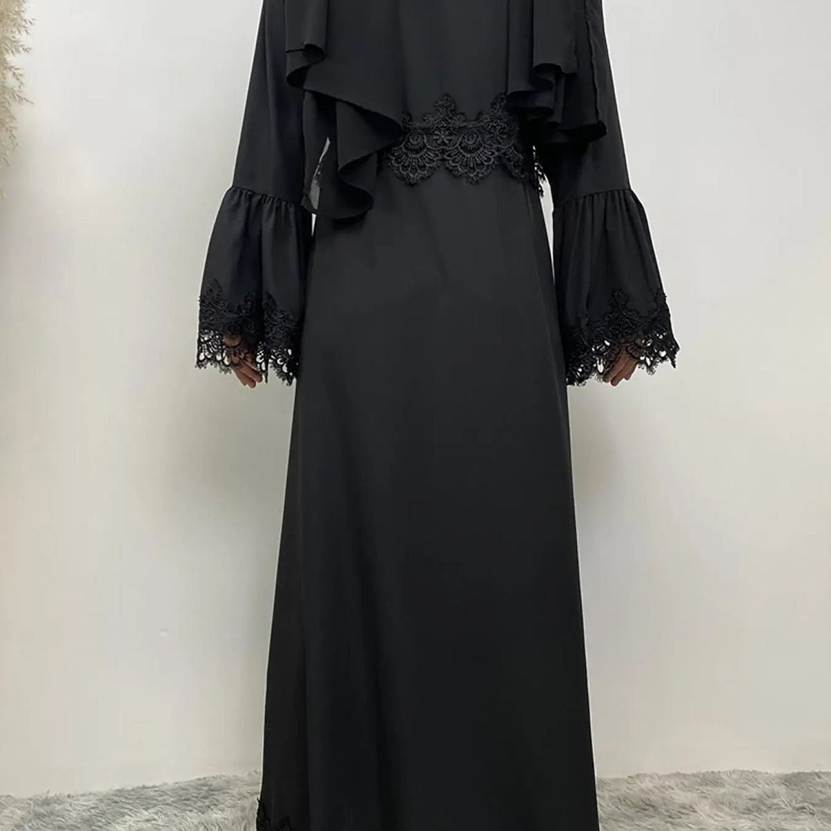 Arabic Clothing-Contrast Lace Long Sleeve Drawstring Dress, Dubai Flounce Sleeve Long Dresses, Summer Outfits 2025, Muslim Islamic Kaftan, Muslim Evening Dress, Modest Style Dress, Islamic Modesty Clothes
