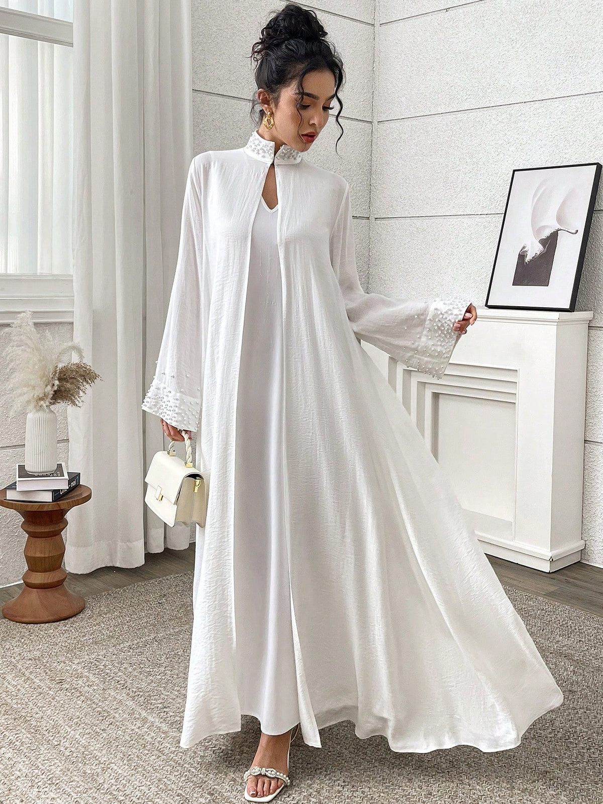 Yasmyna Women'S Elegant Solid Color Beaded Decorated Abaya Robe, Abayas,Modest