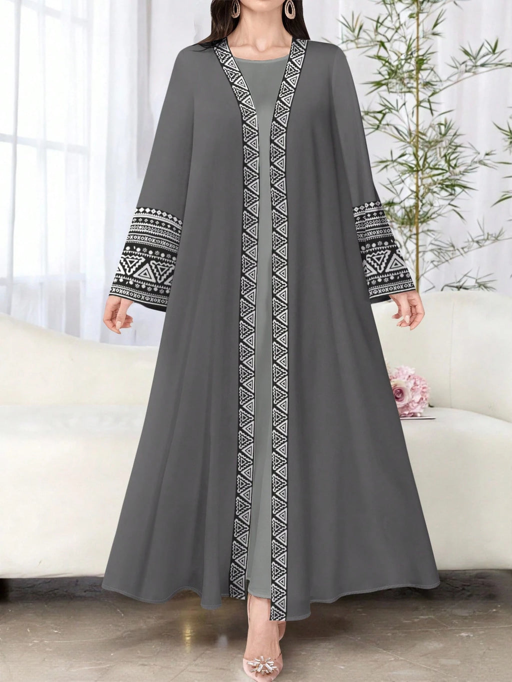 Najma Women'S Elegant Geometric Floral Print Long Sleeve Casual Arabic Robe, Spring/Autumn Abayas