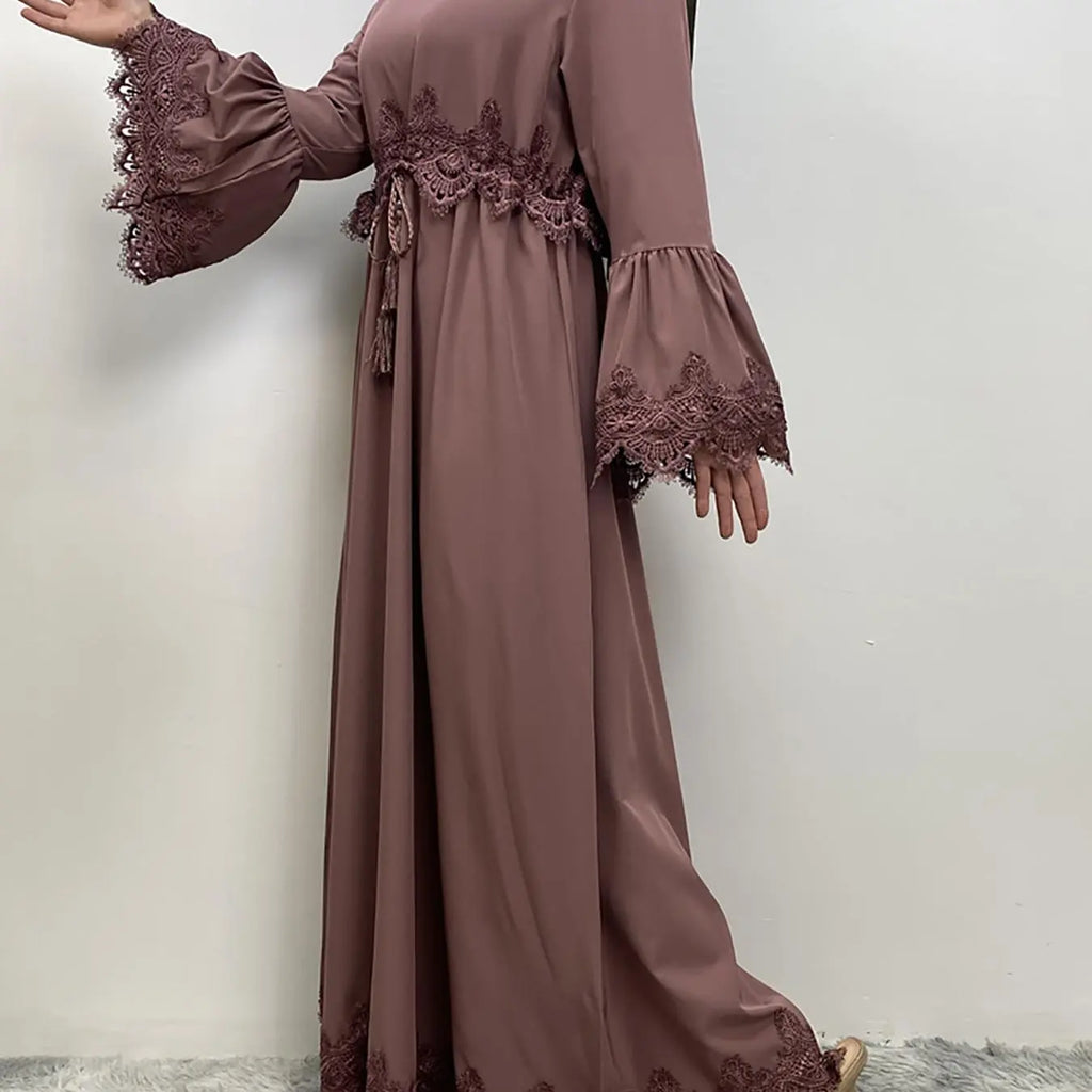 Arabic Clothing-Contrast Lace Long Sleeve Drawstring Dress, Dubai Flounce Sleeve Long Dresses, Summer Outfits 2025, Muslim Islamic Kaftan, Muslim Evening Dress, Modest Style Dress, Islamic Modesty Clothes