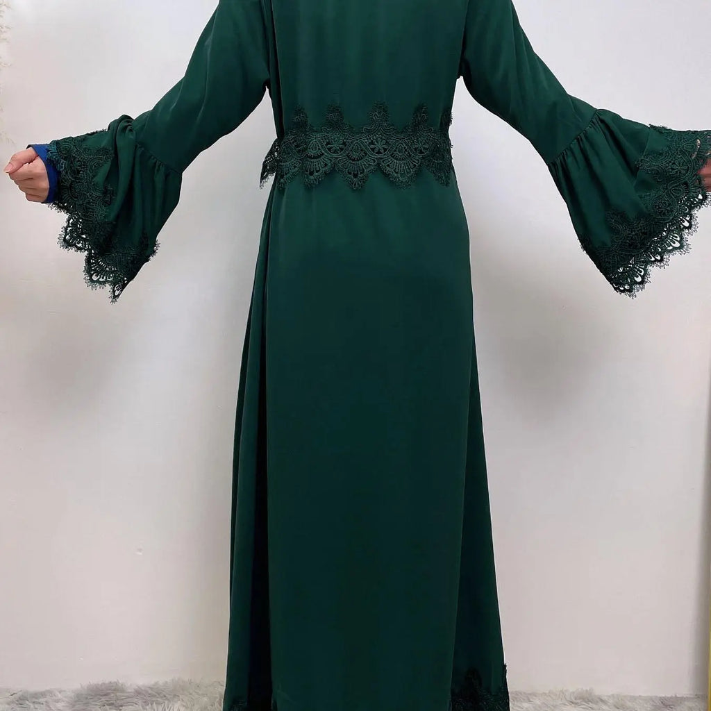 Arabic Clothing-Contrast Lace Long Sleeve Drawstring Dress, Dubai Flounce Sleeve Long Dresses, Summer Outfits 2025, Muslim Islamic Kaftan, Muslim Evening Dress, Modest Style Dress, Islamic Modesty Clothes