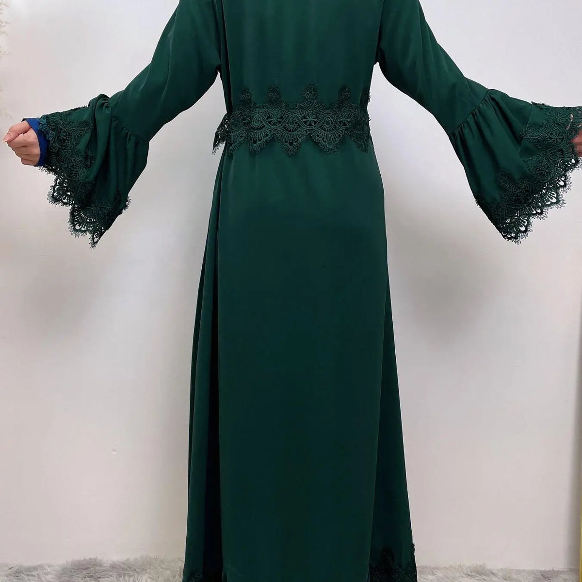 Arabic Clothing-Contrast Lace Long Sleeve Drawstring Dress, Dubai Flounce Sleeve Long Dresses, Summer Outfits 2025, Muslim Islamic Kaftan, Muslim Evening Dress, Modest Style Dress, Islamic Modesty Clothes