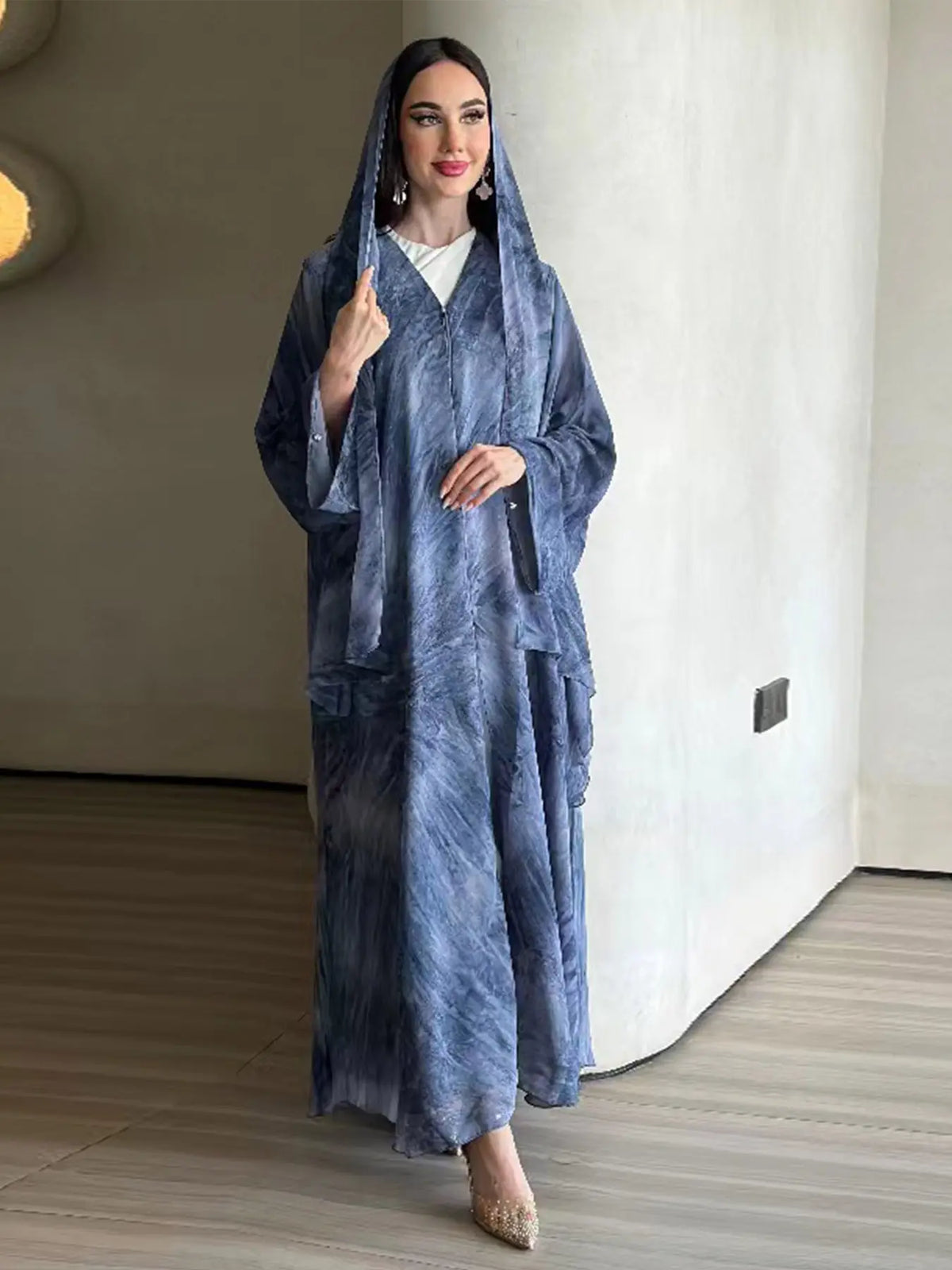 New Muslim Women Gradient Tie Dye Two-Piece Set, Muslim Clothing, Loose Batwing Sleeve Open Front Abaya Dress, Elegant Dubai Style, All Seasons Casual Wear