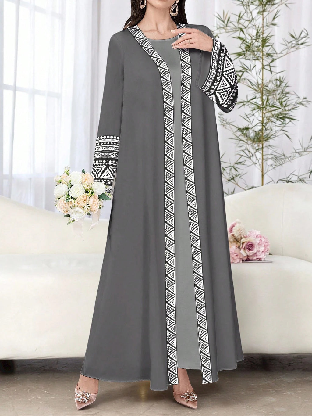 Najma Women'S Elegant Geometric Floral Print Long Sleeve Casual Arabic Robe, Spring/Autumn Abayas