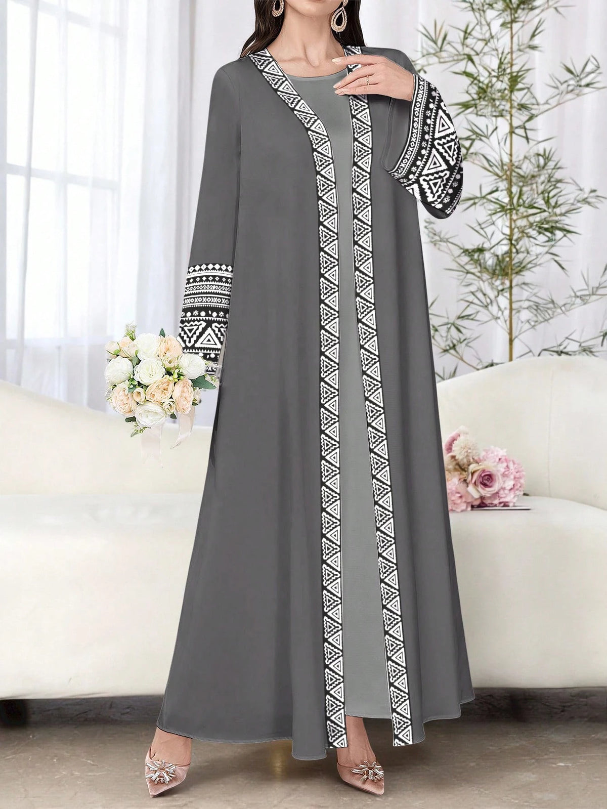 Najma Women'S Elegant Geometric Floral Print Long Sleeve Casual Arabic Robe, Spring/Autumn Abayas