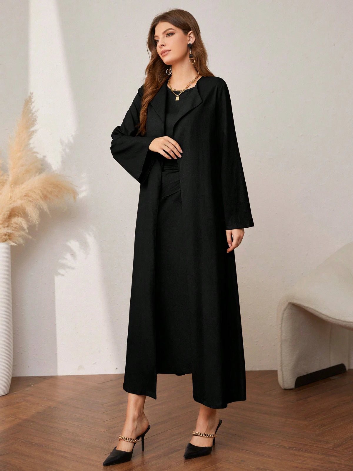 Al Najma Solid Color Elegant Sleeveless Dress with Ankle-Length Coat Set Abayas